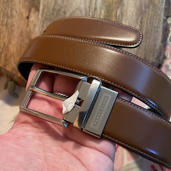 PERRY ELLIS Size W 32-38” Bonded Leather Belt Square Bright Silver Brown $49 NEW - Picture 10 of 13